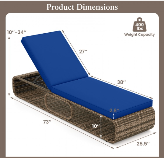 7-Position Adjustable PE Rattan Outdoor Chaise Lounge Chair-Navy (Assembled)