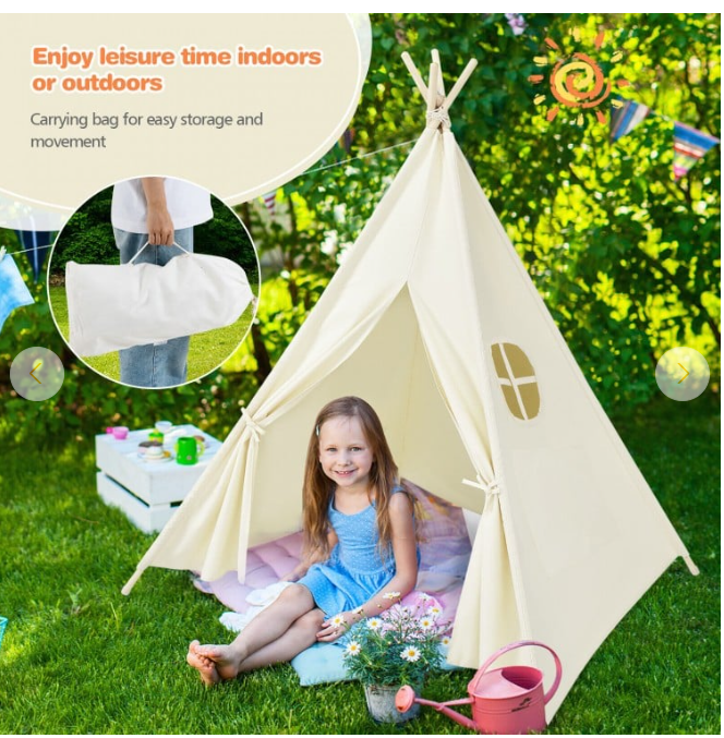 Kids Canvas Teepee Play Tent Foldable Playhouse Toys for Indoor Outdoor
