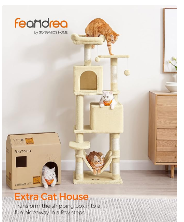 (Unassembled) - Cat Condo, cat  tree, 61-Inch Cat Tower with 5 Scratching Posts, 2 Perches, 2 Caves, Hammock, 2 Pompoms, Beige (1 Box, Unassembled)