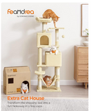 (Unassembled) - Cat Condo, cat  tree, 61-Inch Cat Tower with 5 Scratching Posts, 2 Perches, 2 Caves, Hammock, 2 Pompoms, Beige (1 Box, Unassembled)