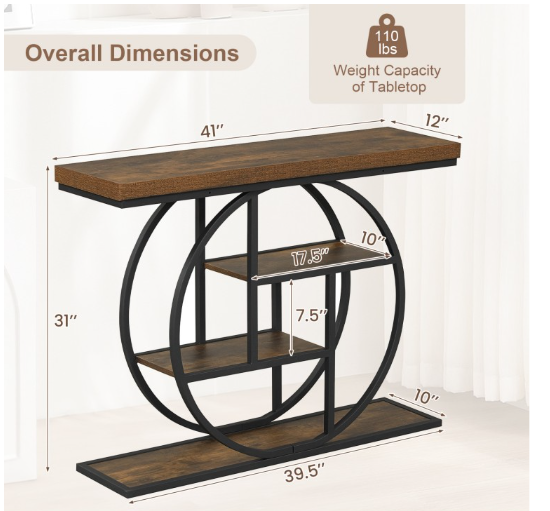 4-Tier Console Table 41 Inches Entryway Table with Storage Shelves-Brown (Assembled)