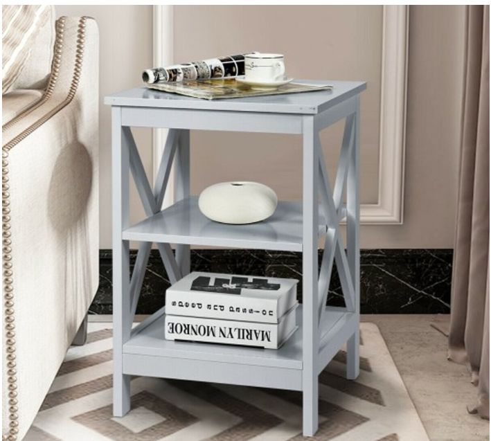3-tier Side Table Nightstand with Stable Structure- Gray  (Fully Assembled)