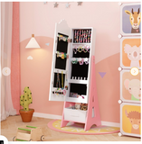 Kids Jewelry Cabinet with Full-Length Mirror and Foldable Drawer, White/Pink