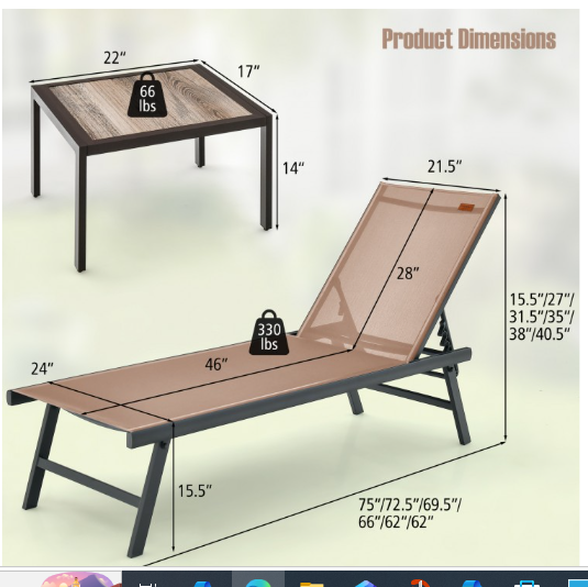 3 Pieces Patio Chaise Lounge Chair and Table Set for Poolside Yard-Brown (Shipping Damage) (assembled)