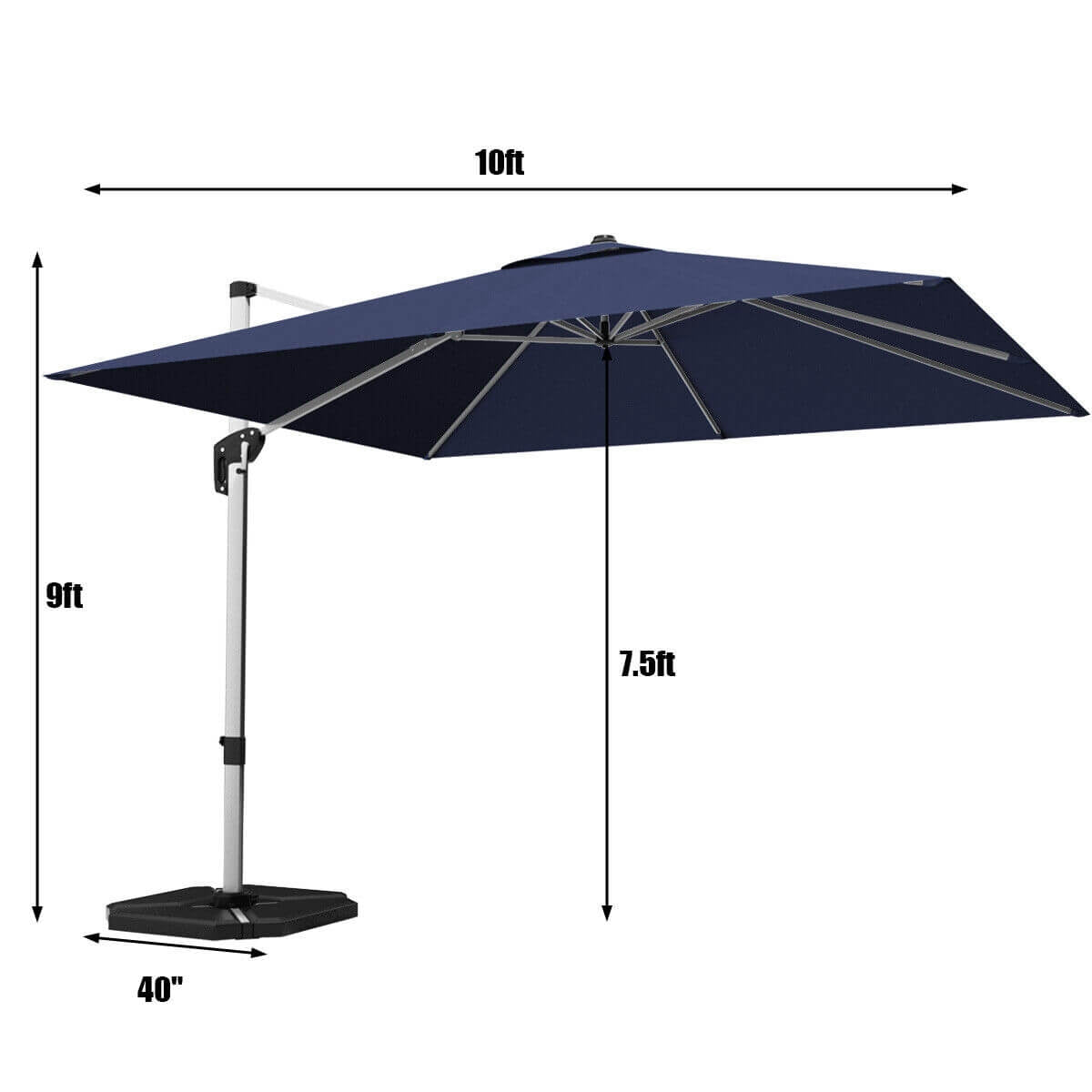 10 Feet 360° Tilt Aluminum Square Patio Umbrella without Weight Base-Navy, 1 box