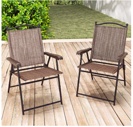 Set of 2 Patio Folding Sling Back Camping Deck Chairs-Brown