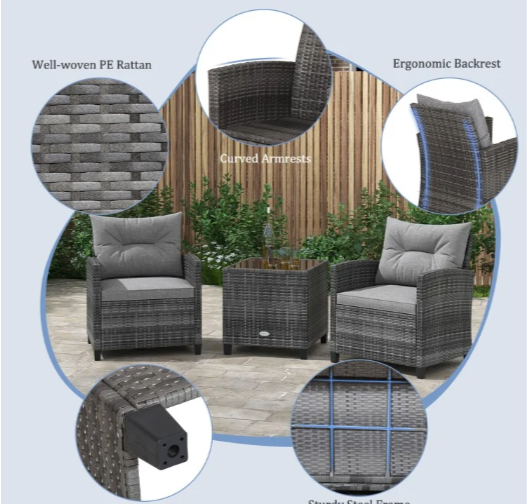 3 Pieces Outdoor Wicker Conversation Set with Tempered Glass Tabletop-Grey(Manufactures Error) (Assembled)