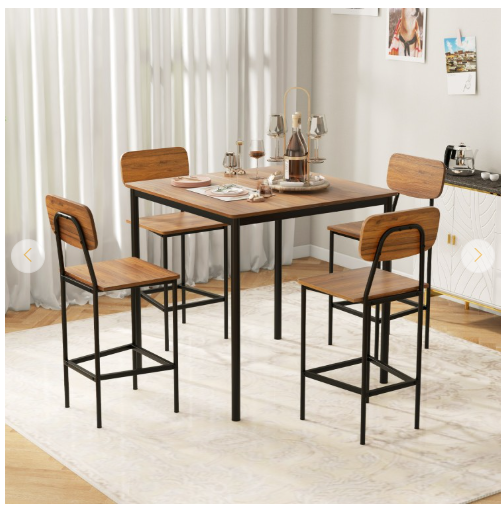 5-Piece Counter-Height Dining Bar Table Set with 4 Bar Chairs-Walnut (Fully Assembled)