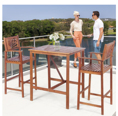 3PCS Bar Set Acacia Wood Bar Height Patio Bistro Dining Set Outdoor (Assembled)