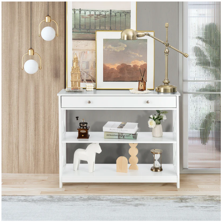 Console Table 3-Tier with Drawer and Storage Shelves-White