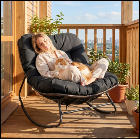 Outdoor Rocking Chair Oversized Patio PE Wicker Egg Chair with Cushion-Gray (Assembled)