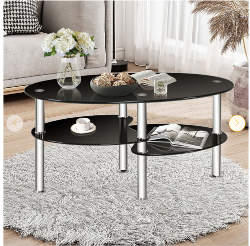 Tempered Glass Oval Side Coffee Table-Black (Scratch and Dent)