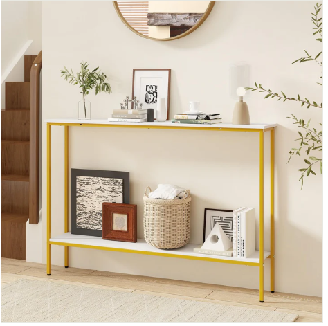 White/Gold Console Table with Shelf, 44" Narrow Entryway Table  (Fully Assembled)