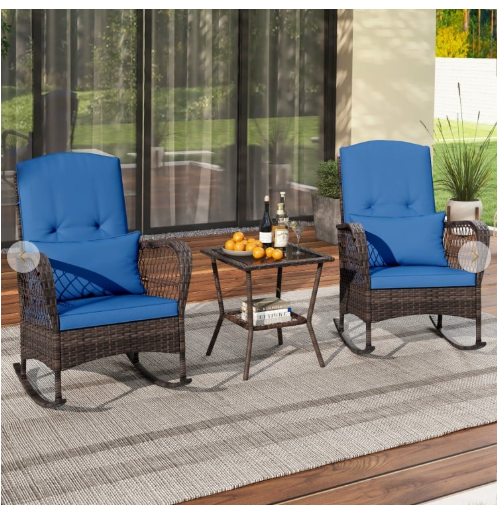 3 Pieces Rocking Bistro Set with 2-Tier Coffee Table - Navy (Fully Assembled)