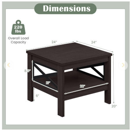 2-Tier Square Side Table with Storage Shelf and X-Frame for Bedroom Living Room-Brown