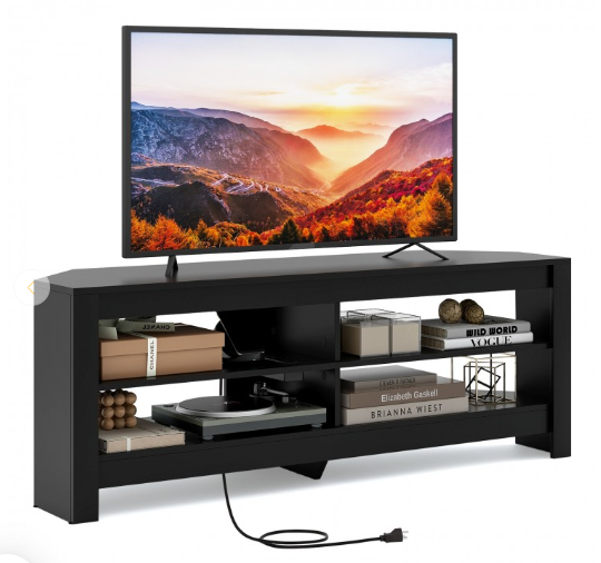 Corner TV Stand with Power Outlet and 4 Open Storage Shelves, Black- (Scratch and Dent)