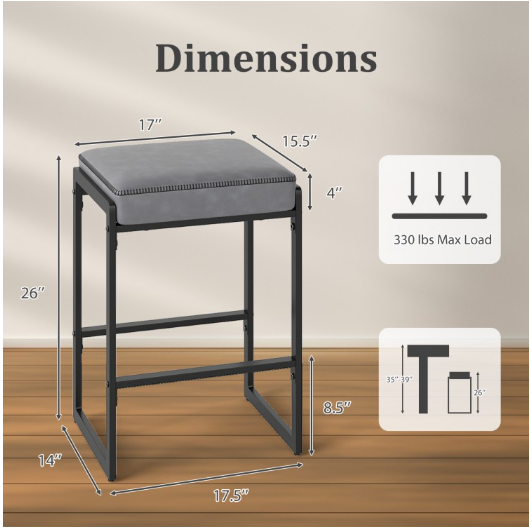 26 inch Bar Stools Set of 2 Counter Height Barstools with Faux Leather Upholstered Seat-Gray
