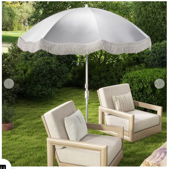 6.5 FT Beach Umbrella with Fringe Outdoor Tassel Umbrella with Push Button Tilt - Light Grey