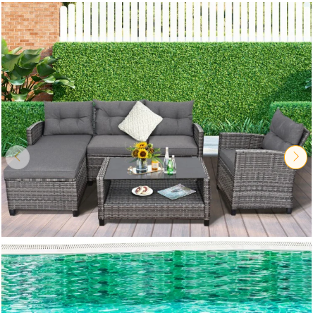 4 Pieces Patio Rattan Furniture Set with Cushion and Table Shelf-Gray (Assembled)
