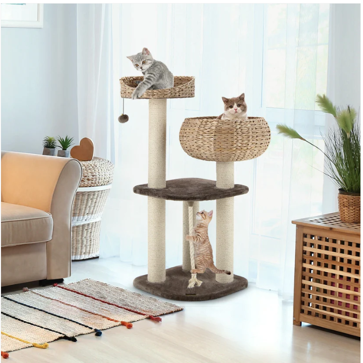 41 Inch Rattan Cat Tree with Napping Perch, fully assembled