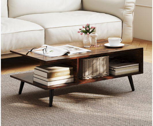 Mid Century Modern Rectangle Coffee Table 2-Tier Accent Table with 2 Open Compartments-Rustic Brown (Assembled)
