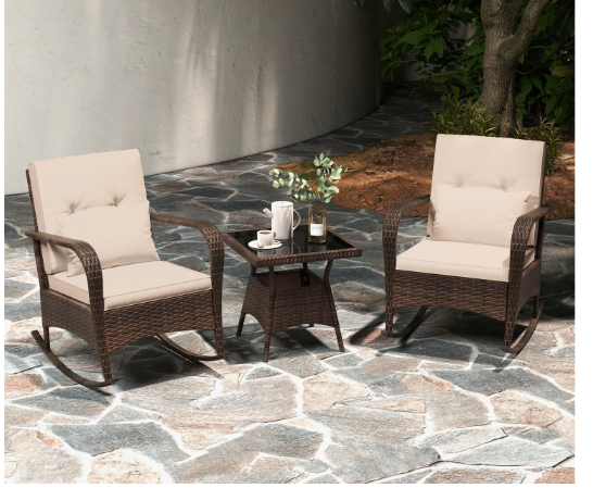 3 Pieces Outdoor Rocking Set with Tempered Glass Coffee Table (Assembled)