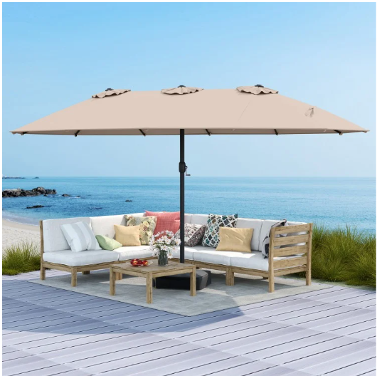 15 Feet Double-Sided Twin Umbrella and Base-Beige