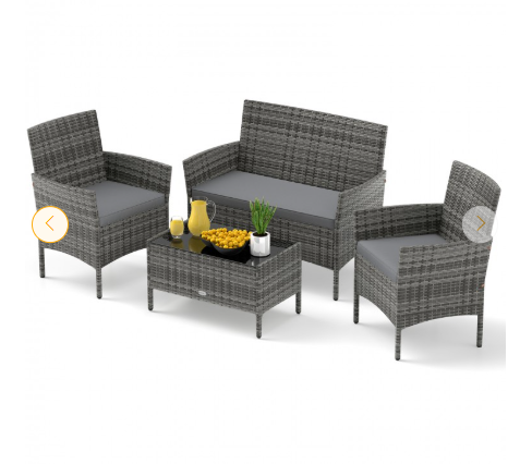 4 Pieces Patio Rattan Conversation Set with Tempered Glass Coffee Table-Gray (Assembled)