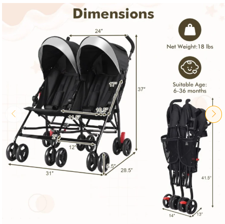 Foldable Twin Baby Double Stroller Ultralight Umbrella Kids Stroller-Black