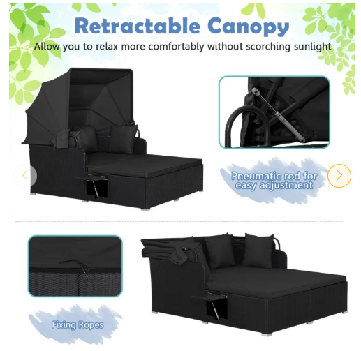 Patio Rattan Daybed with Retractable Canopy and Side Tables-Black (1 box unassembled)
