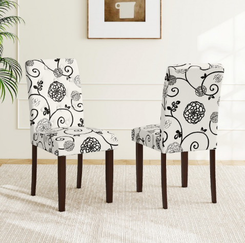 Button Tufted Fabric Upholstered Wooden Dining Chair Set of 2 with High Curved Back