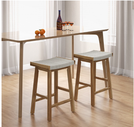 Set of 2 25.5 Inch Dining Bar Stool with Seaweed Woven Seat (Assembled)