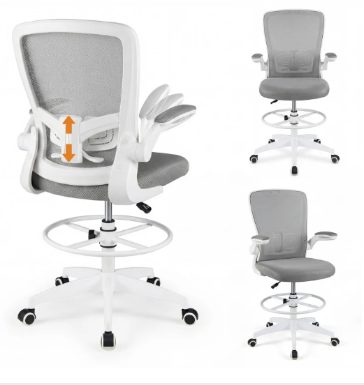 Height Adjustable Drafting Chair with Flip Up Arms for Home Office-Gray