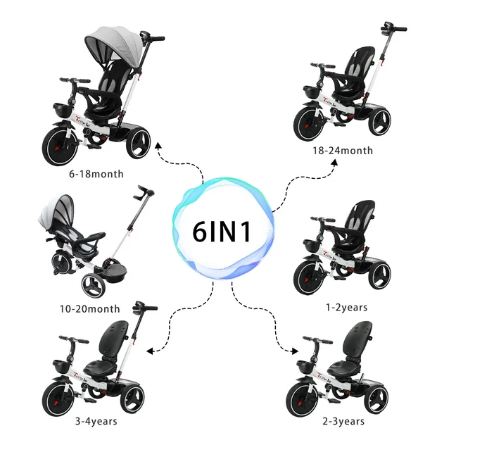 6-in-1 Detachable Kids Baby Stroller Tricycle with Canopy and Safety Harness
