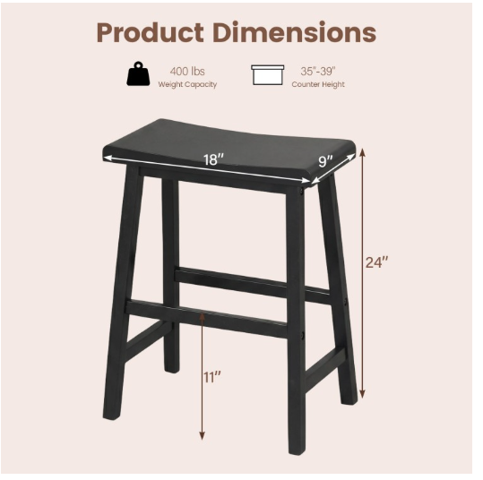 24 Inch Counter Height Stools Solid Wood Saddle Bar Stools Set of 2-Black