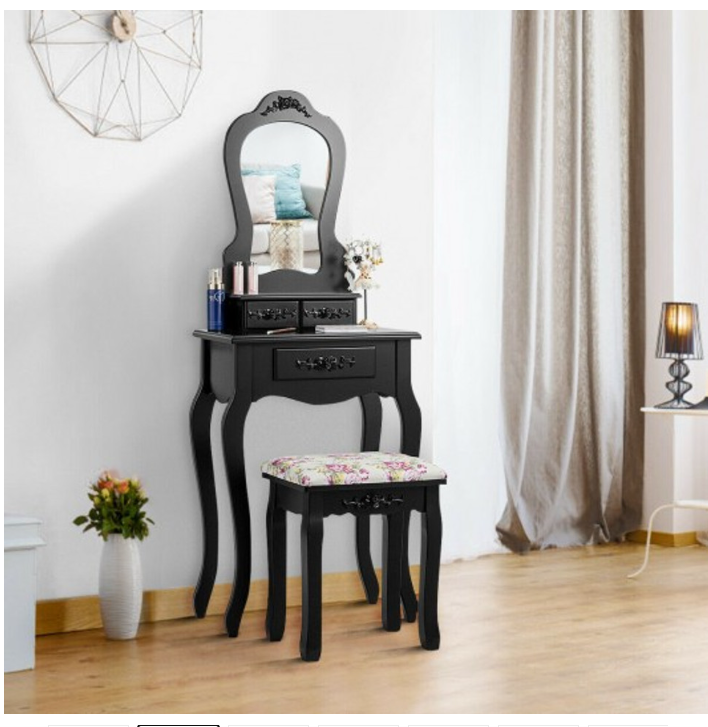 Makeup Dressing Table And Bench 3 Drawers And Cushioned Stool For Girls-Black