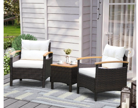 3 Pieces Patio Rattan Conversation Set with Removable Cushion - Assembled