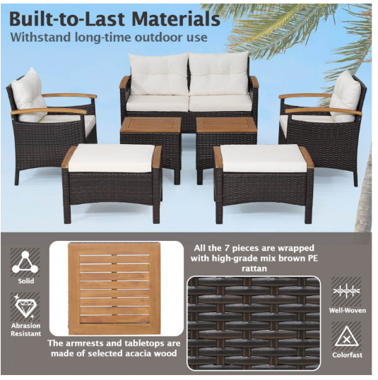 5 Piece Rattan Patio Sofa Set with Acacia Wood Tabletop and Armrests (Assembled) - See Notes