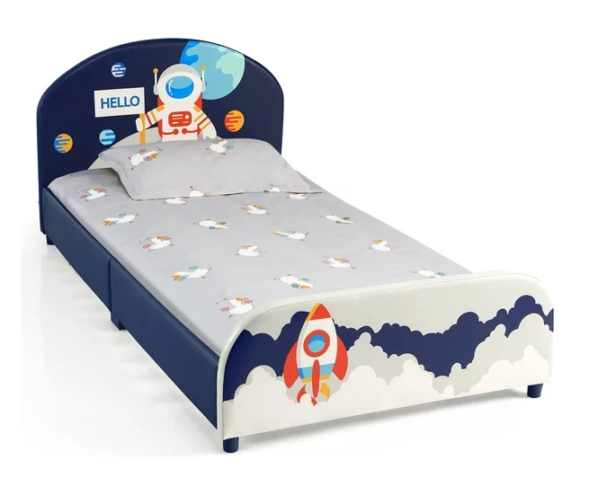 Kids Upholstered Platform Bed Frame,  Astronaut Pattern, Scratch & Dent