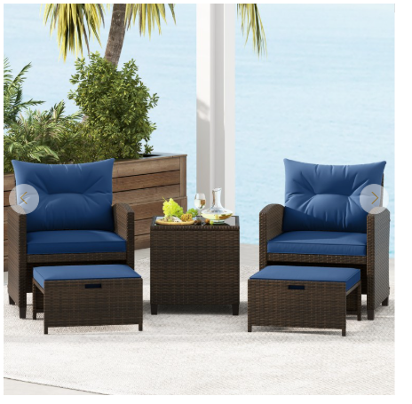 5PCS Outdoor Rattan Conversation Set Wicker Lounge Chairs with 2 Ottoman Stools and Glass Top Side Table-Navy (Assembled)