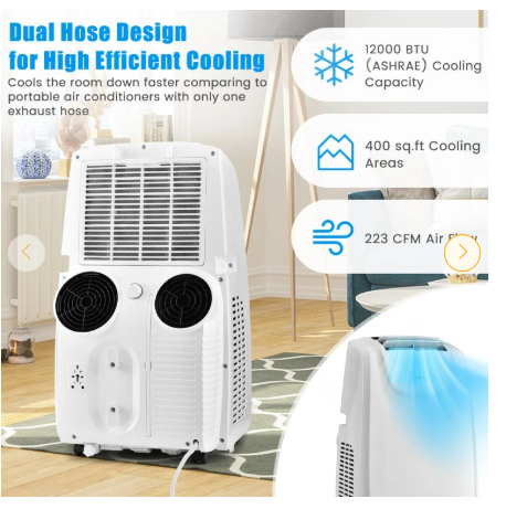 12000 BTU Dual Hose Portable Air Conditioner with Remote Control-White