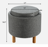 Round Storage Ottoman w/Wood Legs w/Tray Top Accent Padded Footrest Gray