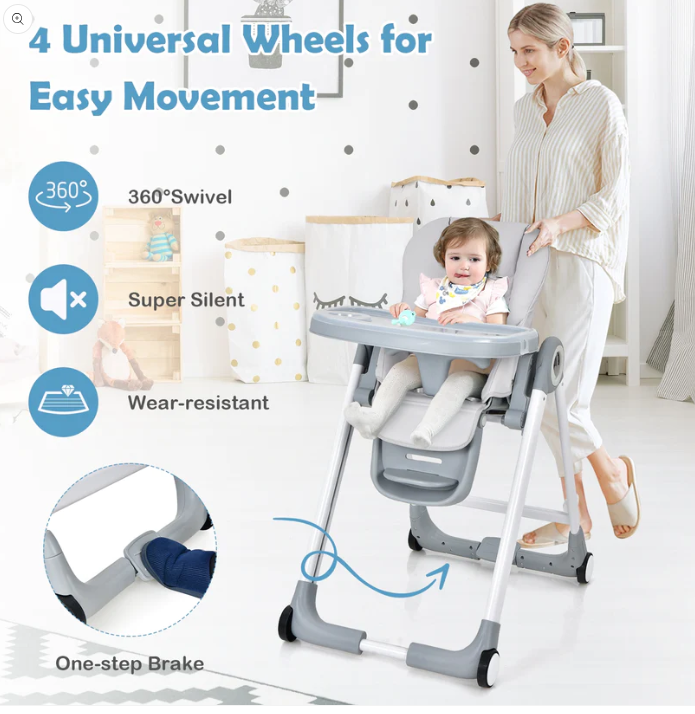 Baby Folding Convertible High Chair with Wheels and Adjustable Height-Gray