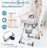 Baby Folding Convertible High Chair with Wheels and Adjustable Height-Gray