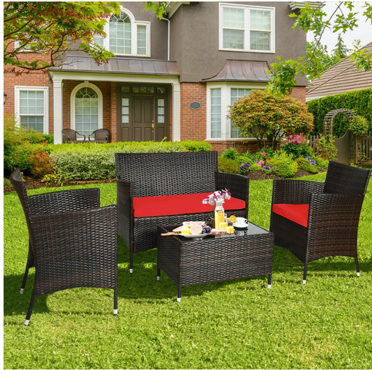 NO TAX SPECIAL, 4 Pieces Comfortable Rattan Outdoor Furniture Set with Glass Table-Red - ASSEMBLED