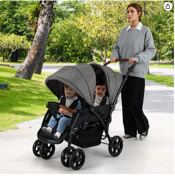 Foldable Lightweight Front Back Seats Double Baby Stroller - Grey