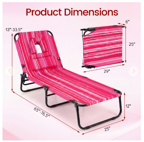 Beach Chaise Lounge Chair with Face Hole and Removable Pillow-Pink Striped