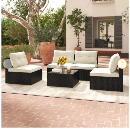 SPECIAL - 5 Piece Outdoor Furniture Set with Solid Tabletop and Soft Cushions-White (Assembled)