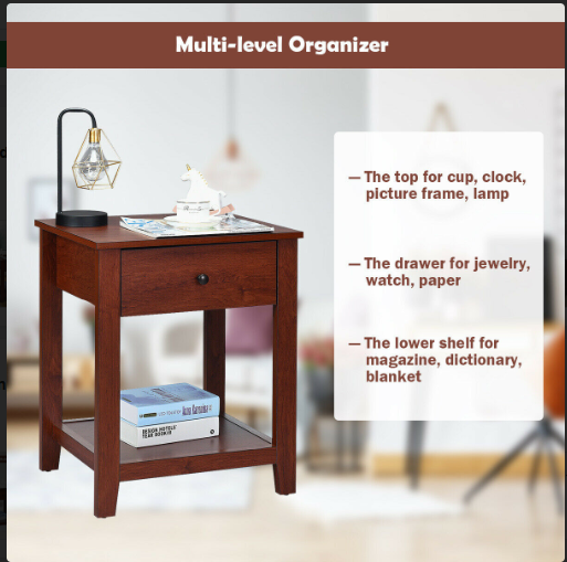 Set of 2 Nightstand with Storage Shelf and Pull Handle