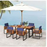 7 Pieces Patio Acacia Wood Dining Chair and Table Set for Backyard and Poolside-Navy - Fully Assembled